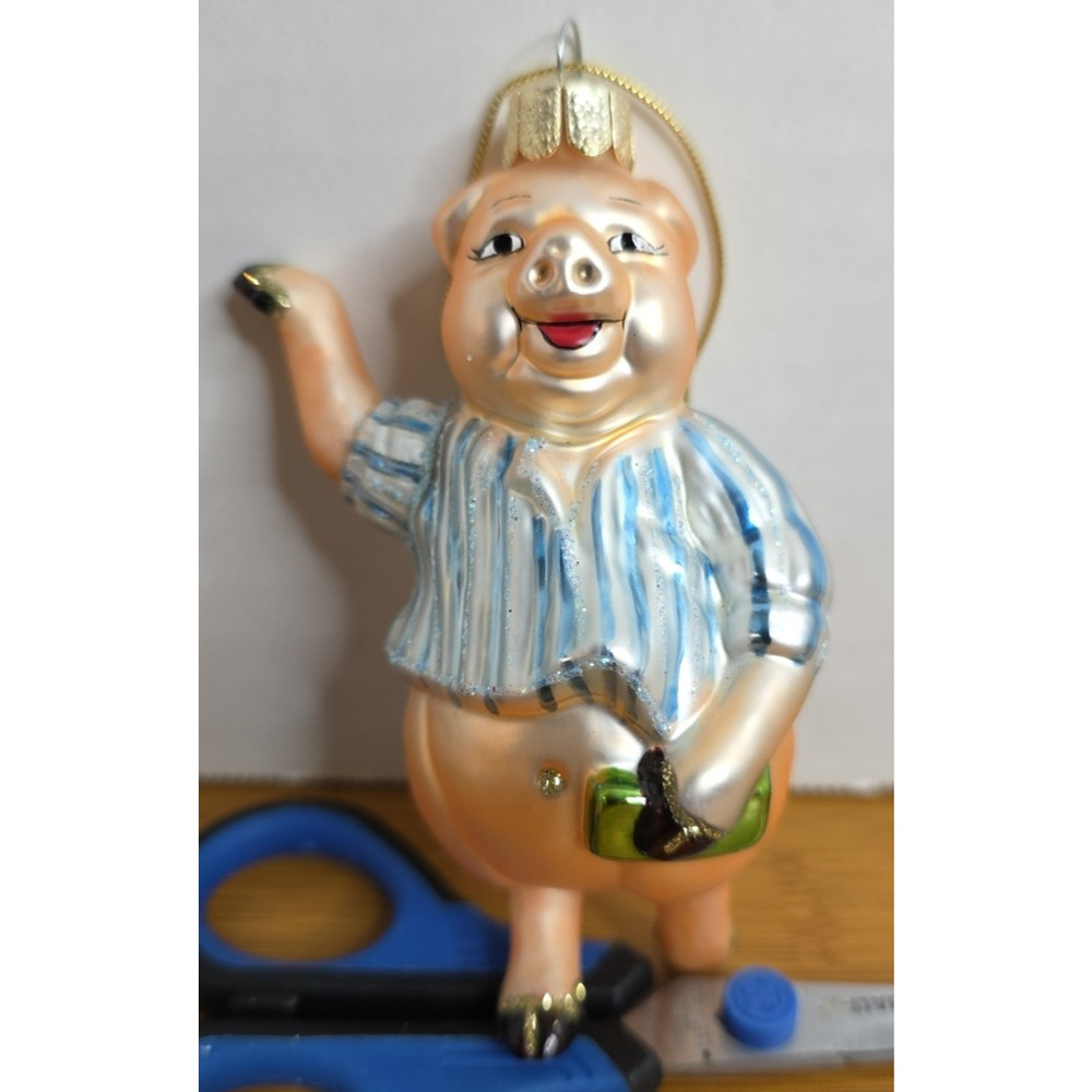 Hand Blown Glass Pig with Blue Stripped Shirt holding Money Christmas Ornament‎